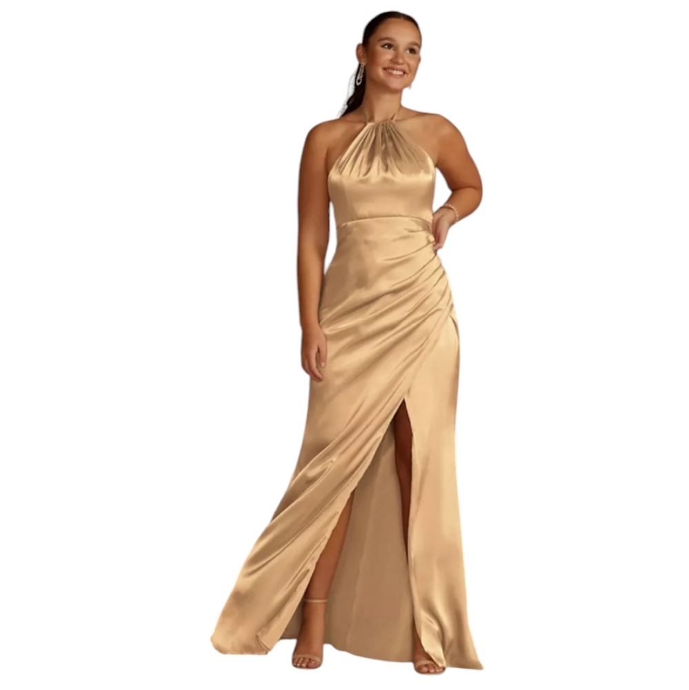 David's Bridal Galina Signature tie-neck charmeuse halter dress golden size 4L